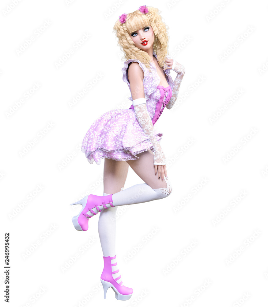 Young beautiful goth girl with doll face posing photo shoot. Short pink dress, stockings, shoes. Long blonde hair. Bright goth make up. Conceptual fashion art. Realistic 3D render illustration. Young beautiful goth girl with doll face posing photo shoot. Short pink dress, stockings, shoes. Long blonde hair. Bright goth make up. Conceptual fashion art. Realistic 3D render illustration.