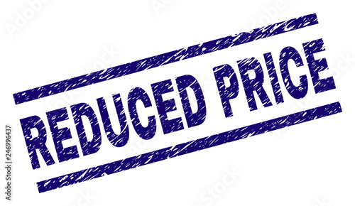 REDUCED PRICE seal imprint with grunge style. Blue vector rubber print of REDUCED PRICE text with dirty texture. Text caption is placed between parallel lines.