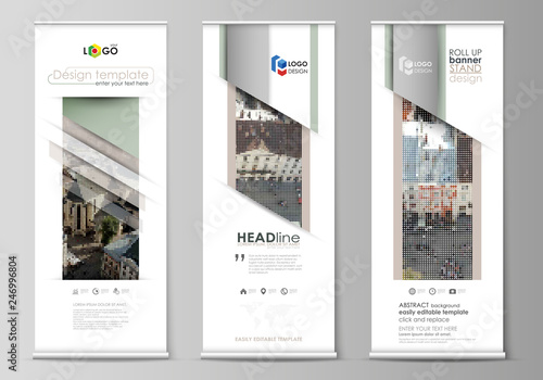 Set of roll up banner stands, flat design templates, abstract geometric style, vertical vector flyers, flag layouts. Colorful background made of dotted texture for travel business, urban cityscape.