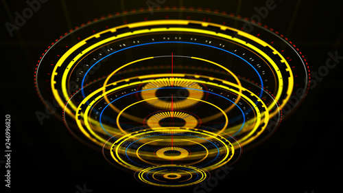 Futuristic control mechanisms on net background.Scientific futuristic interface. Round yellow abstract radar concept.3D rendering.