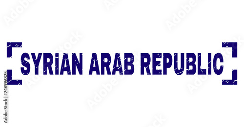 SYRIAN ARAB REPUBLIC text seal stamp with corroded texture. Text tag is placed inside corners. Blue vector rubber print of SYRIAN ARAB REPUBLIC with corroded texture.