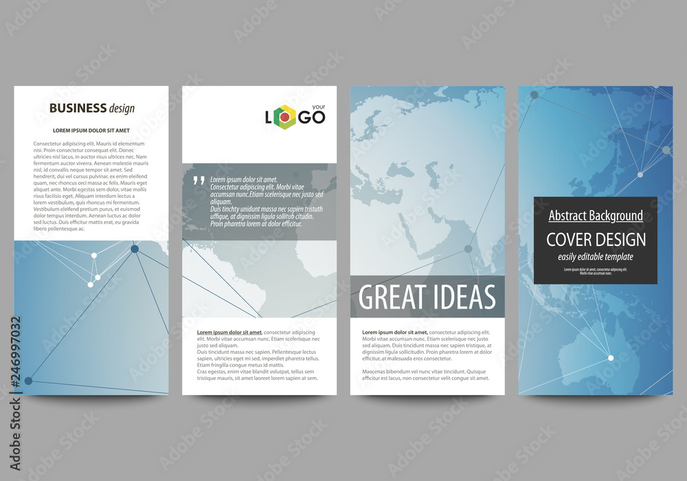 The minimalistic abstract vector illustration of editable layout of four modern vertical banners, flyers design business templates. Polygonal geometric linear texture. Global network, dig data concept