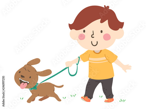 Kid Boy Walking Dog