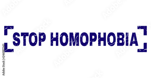 STOP HOMOPHOBIA text seal print with corroded texture. Text caption is placed inside corners. Blue vector rubber print of STOP HOMOPHOBIA with dust texture.