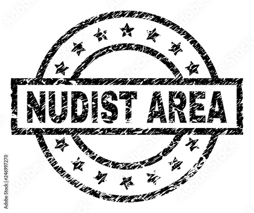 NUDIST AREA stamp seal watermark with distress style. Designed with rectangle, circles and stars. Black vector rubber print of NUDIST AREA title with grunge texture.