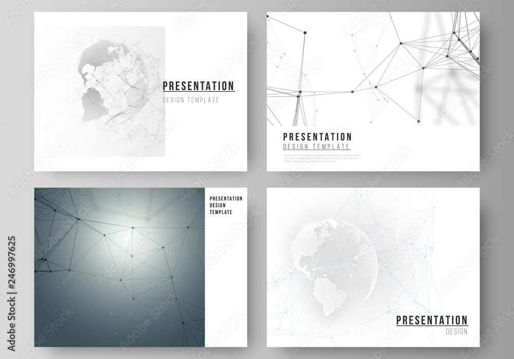 Vector layout of the presentation slides design business templates. Futuristic geometric design with world globe, connecting lines and dots. Global network connections, technology digital concept. Vector layout of the presentation slides design business templates. Futuristic geometric design with world globe, connecting lines and dots. Global network connections, technology digital concept.