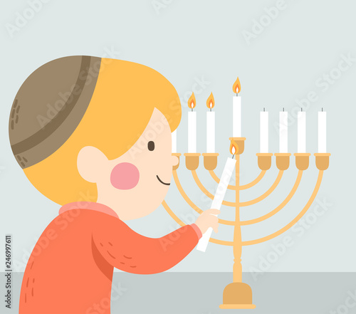Kid Jewish Candle Lighting Hanukkah Illustration