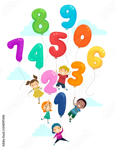Stickman Kids Balloon Numbers Flying Illustration