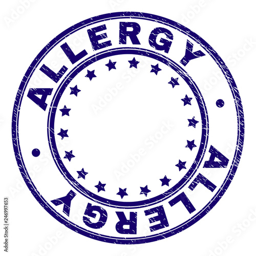 ALLERGY stamp seal watermark with grunge texture. Designed with circles and stars. Blue vector rubber print of ALLERGY text with scratched texture.