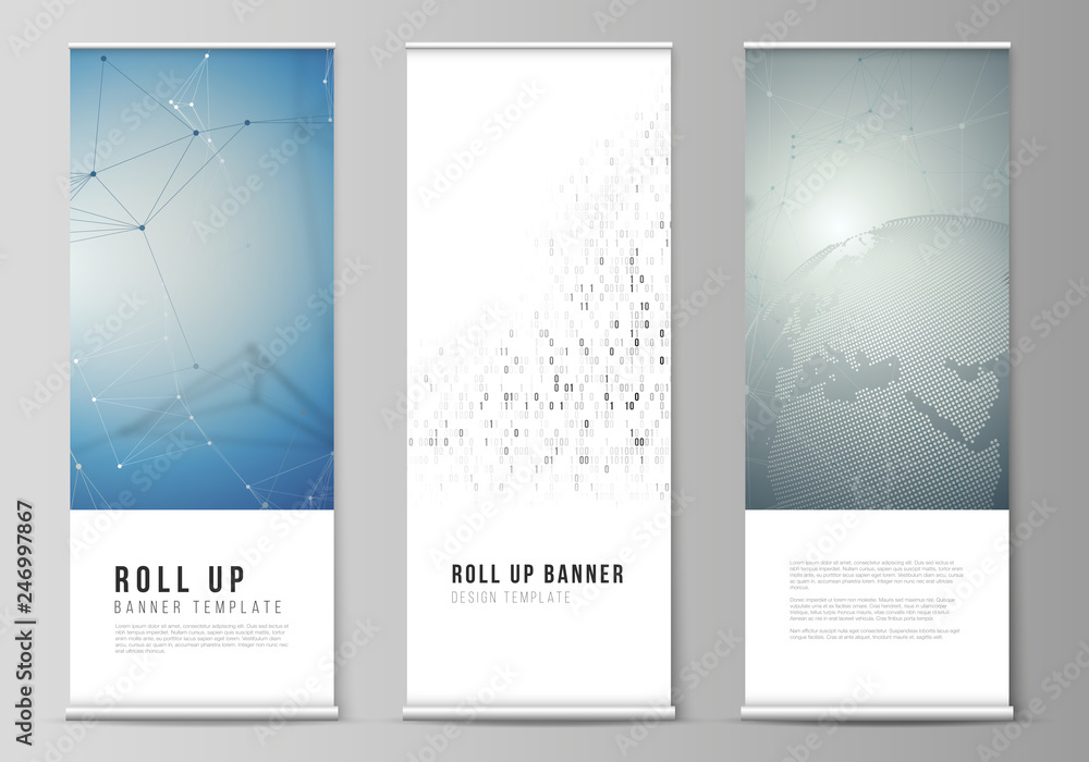 The vector illustration of the editable layout of roll up banner stands, vertical flyers, flags design business templates. Technology, science, future concept abstract futuristic backgrounds.