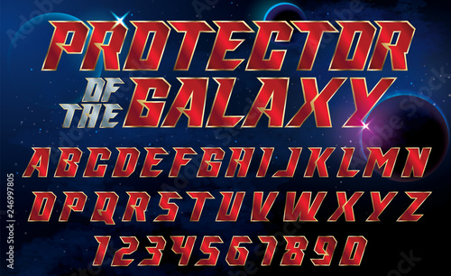 SuperHero font. Metallic effect letters and numbers on an universe background.
