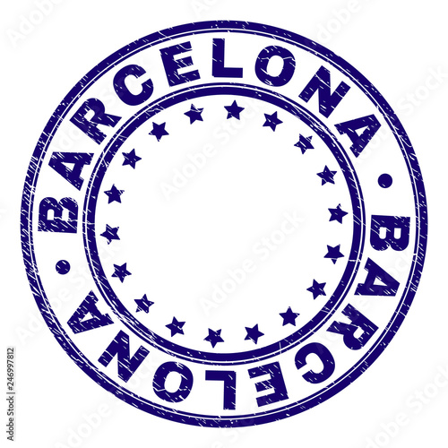 BARCELONA stamp seal imprint with grunge texture. Designed with round shapes and stars. Blue vector rubber print of BARCELONA title with unclean texture.