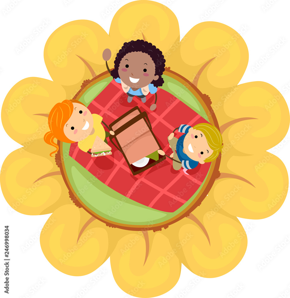 Naklejka premium Stickman Kids Spring Picnic Flower Illustration