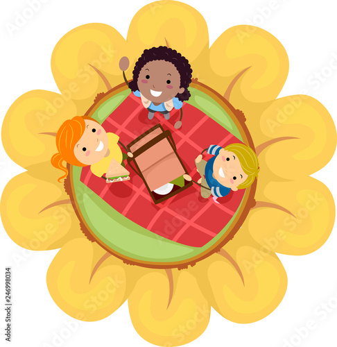 Stickman Kids Spring Picnic Flower Illustration