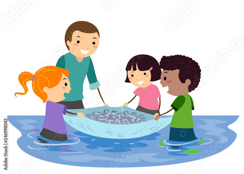 Stickman Kids Study Fish Ne...