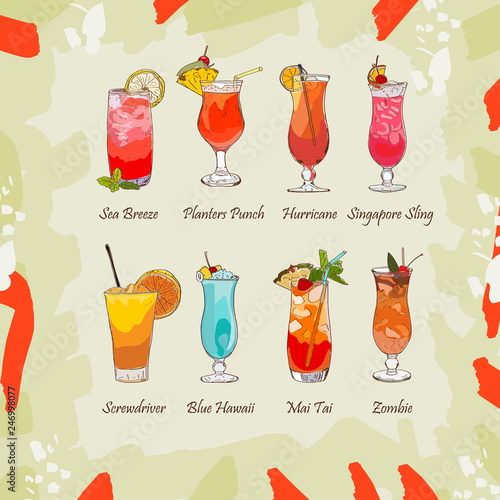 Set of classic tropical cocktails on abstract background. Fresh bar alcoholic drinks menu. Vector sketch illustration collection. Hand drawn. Blue Hawaii, Sea Breeze, Zombie, Singapore Sling, Mai Tai