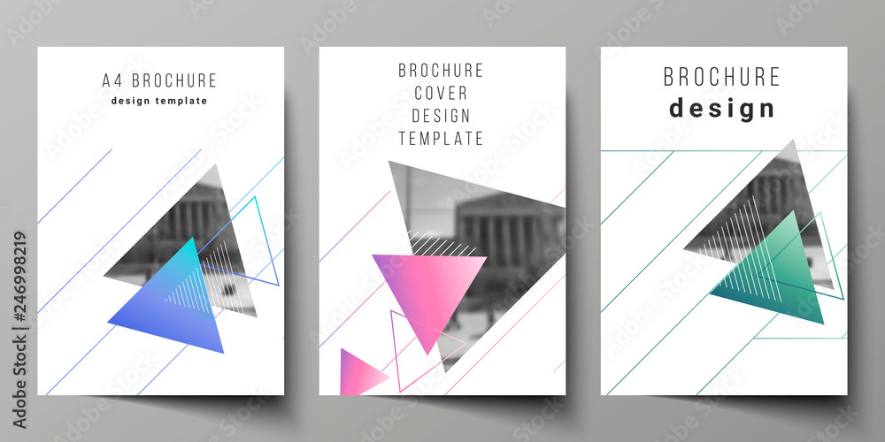 The vector layout of A4 format modern cover mockups design templates for brochure, magazine, flyer, booklet, annual report. Colorful polygonal background with triangles with modern memphis pattern.