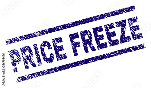 PRICE FREEZE seal print with distress style. Blue vector rubber print of PRICE FREEZE caption with unclean texture. Text caption is placed between parallel lines.