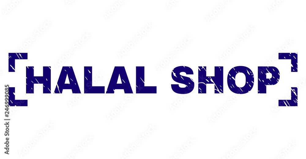 HALAL SHOP tag seal print with grunge texture. Text title is placed between corners. Blue vector rubber print of HALAL SHOP with retro texture.