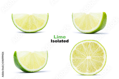 Set of fresh juicy half and slices lime isolated on white background. Citrus and tropical fruits