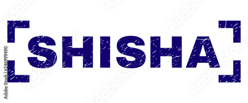 SHISHA caption seal print with corroded style. Text caption is placed between corners. Blue vector rubber print of SHISHA with unclean texture.
