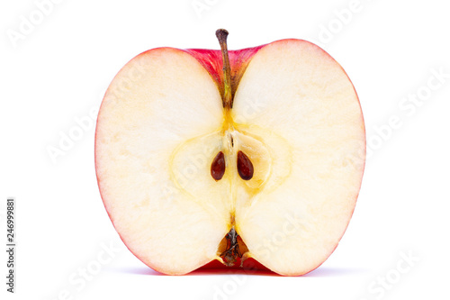 Half of ripe red apple with seeds isolated on white background