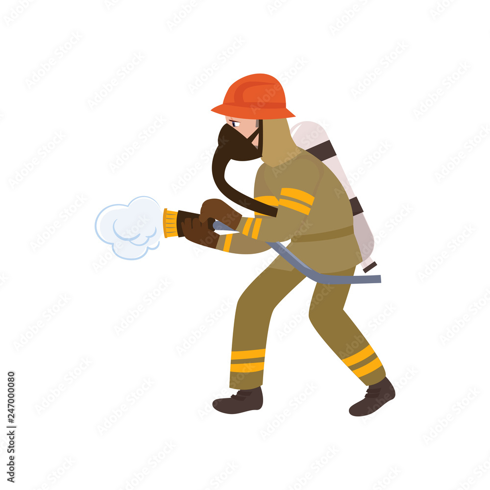Boy Firefighter Wearing Protective Uniform, Helmet and Mask, Freman Character Doing His Job Vector Illustration Boy Firefighter Wearing Protective Uniform, Helmet and Mask, Freman Character Doing His Job Vector Illustration