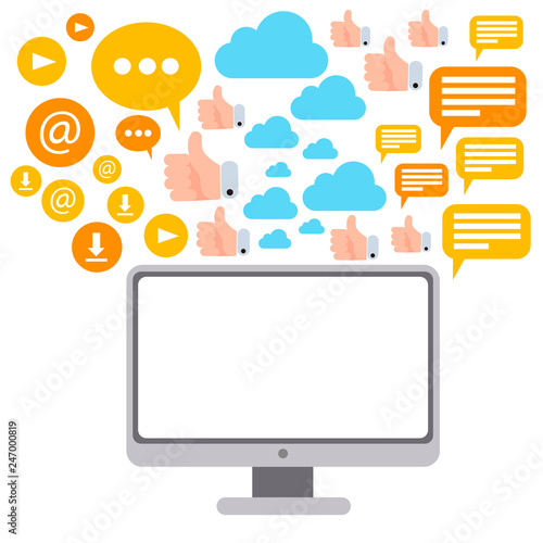 Flat vector illustration of a computer screen with lots of social networking icons and internet connections