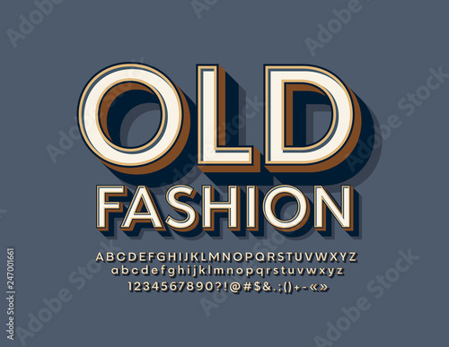 Vector old fashioned Alphabet. Vintage style Font. Bright Retro Letters, Numbers and Symbols. 