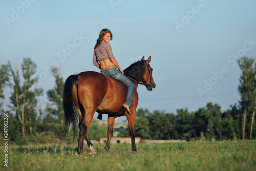Beautiful cowgirl bareback ride her horse in woods glade at sunset  © horsemen