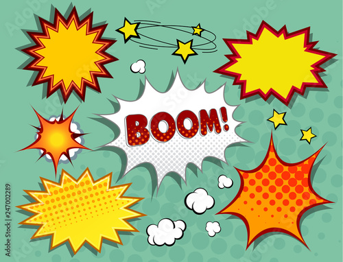 Set for comics and for cartoons. Visualization of sound effects. Explosions, flashes, shots.