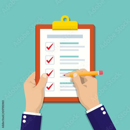 Businessman hands holding clipboard checklist with pencil in a flat design