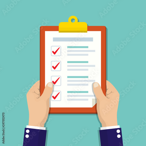 Businessman hands holding clipboard with checklist in a flat design