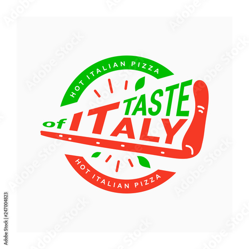 Italian pizza logo. Taste of Italy. Symbol for pizzeria. Circular logotype with slice of pizza. Emblem of traditional Italian dish. Hot Italian pizza