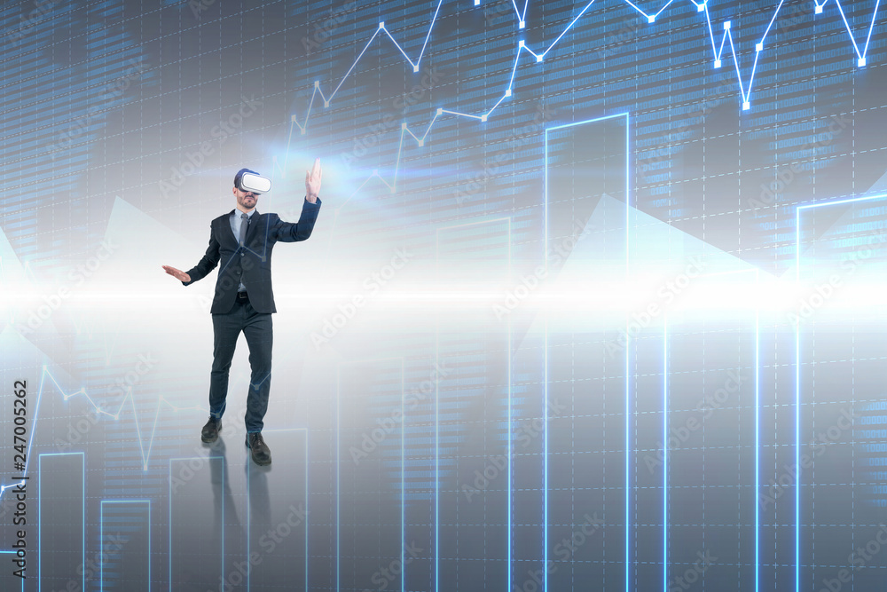 VR glasses businessman working with graphs VR glasses businessman working with graphs