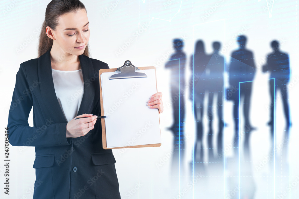 Businesswoman with clipboard and team, graph