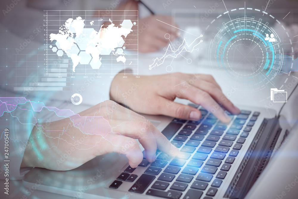 Man and woman typing in office, infographics Man and woman typing in office, infographics
