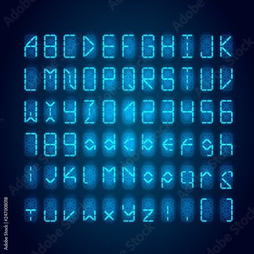 Set of bright blue digital retro clock font on dark