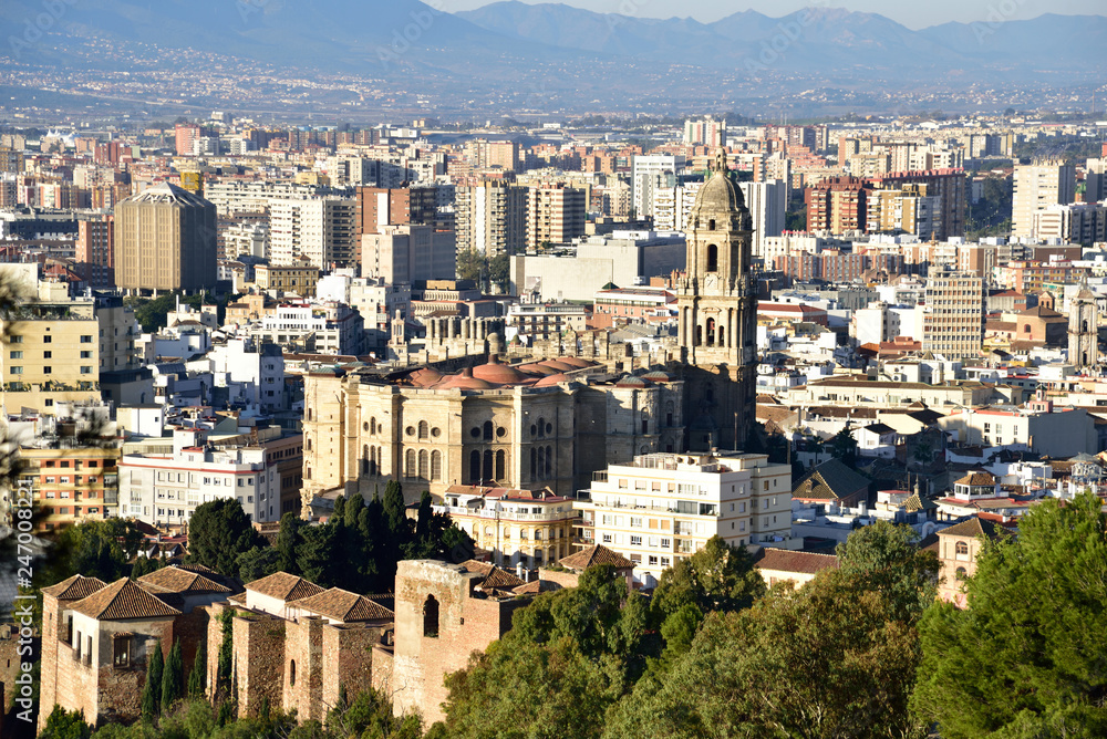 Panorama of the city and the port of Malaga in Spain.