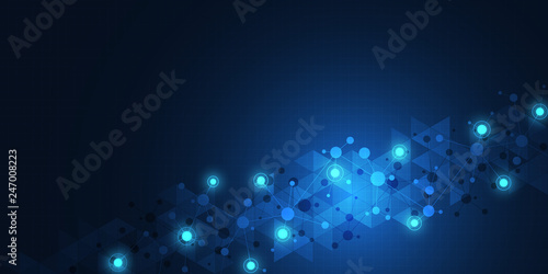 Abstract geometric texture with molecular structures and neural network. Molecules DNA and genetic research. Plexus background. Vector illustration for medical, scientific and technological design.