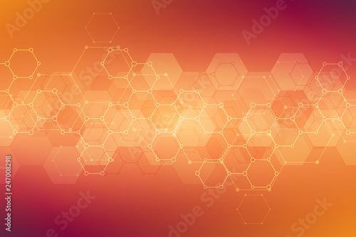 Geometric background texture with molecular structures and chemical engineering. Abstract background of hexagons pattern. Vector illustration for medical or scientific and technological modern design.