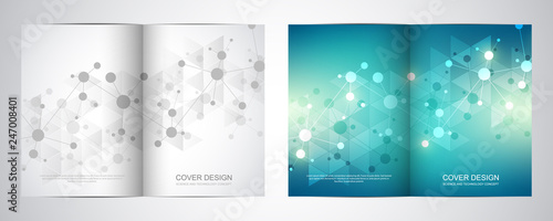 Bi fold brochure template with science and technology background. Geometric texture with molecular structures and chemical engineering. © berCheck