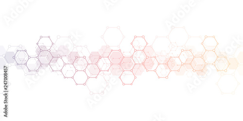 Geometric background texture with molecular structures and chemical engineering. Abstract background of hexagons pattern. Vector illustration for medical or scientific and technological modern design.