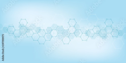 Geometric background texture with molecular structures and chemical engineering. Abstract background of hexagons pattern. Vector illustration for medical or scientific and technological modern design.