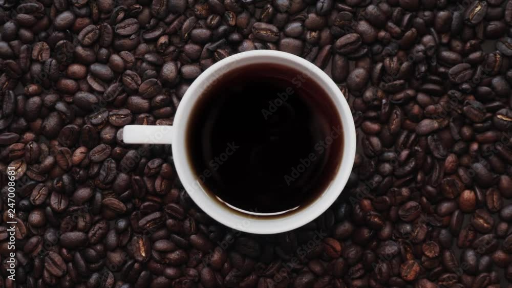 White Porcelain Cup of Coffee among Coffee Beans. Top View White Porcelain Cup of Coffee among Coffee Beans. Top View