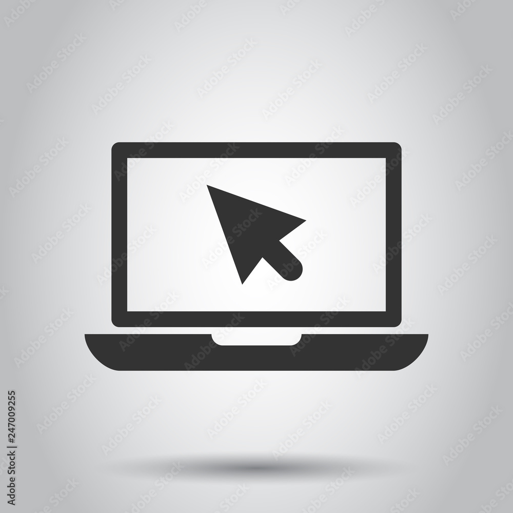 Laptop notebook with mouse cursor vector icon in flat style. Laptop screen on white background. Computer monitor concept. Laptop notebook with mouse cursor vector icon in flat style. Laptop screen on white background. Computer monitor concept.