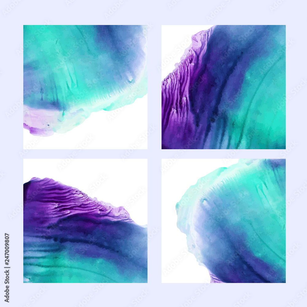 Collection of post template with abstract watercolor shapes. Set of colorful green and violet ink illustrated squares.