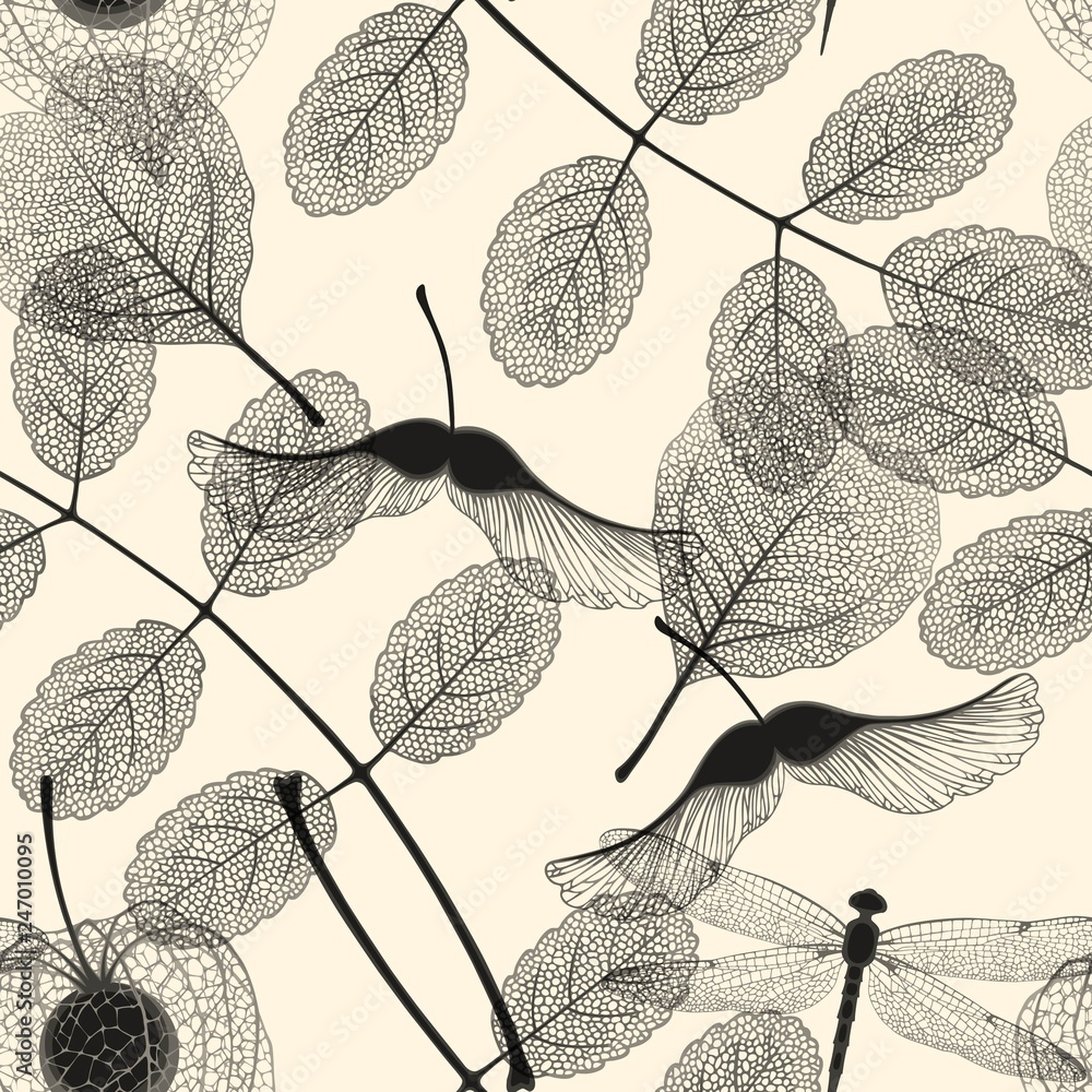 High detail skeleton leaf vector seamless pattern - obrazy, fototapety, plakaty 