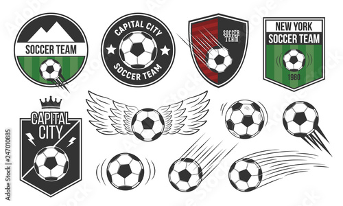 Set of 5 soccer, football logo templates and 6 design elements. Soccer team emblems, labels templates. Vector illustration