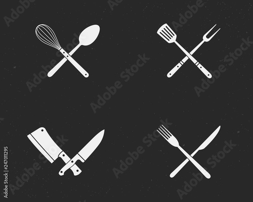 Restaurant and butchery knives, barbecue grill tools icons. Set of Restaurant knives isolated on a black background. Vector illustration